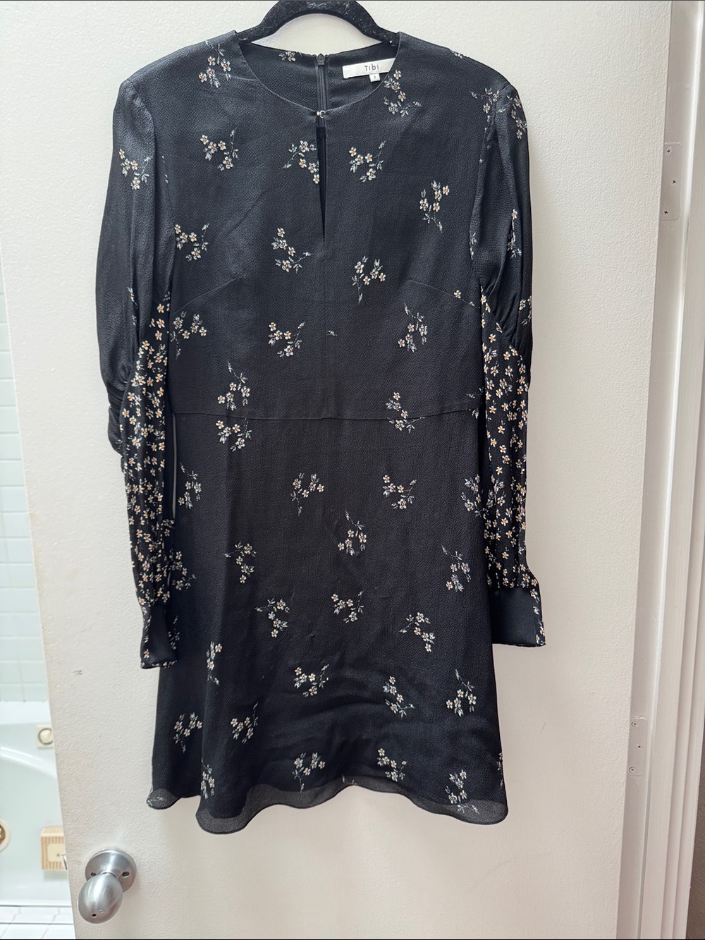 Tibi Black Mini Dress with Delicate White & Pale Pink Floral Print. Size 2